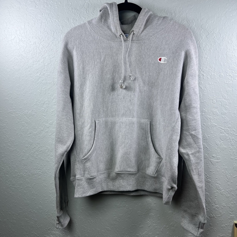Vintage 90s Gray Blank Champion Reverse Weave Hoodie Rare Logo Medium Pullover